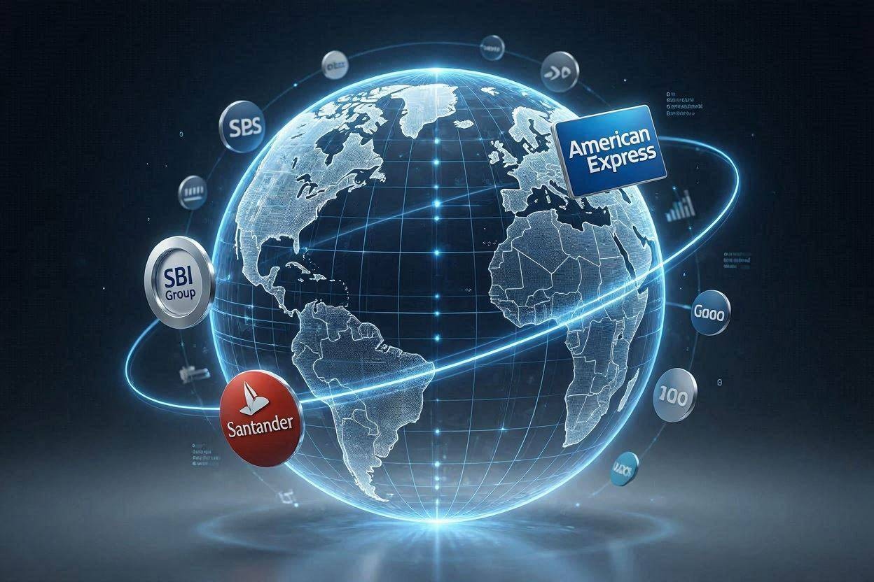 Amex, 산탄데르 등 주요 파트너사의 로고가 디지털 지구본 위에 떠다니는 듯한 세련된 이미지.