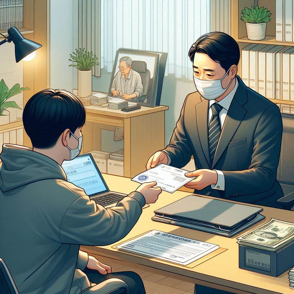 서류를 전달하며 긴급지원을 안내하는 공무원 일러스트