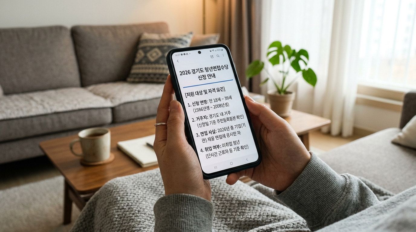스마트폰 화면으로 경기도 청년 면접수당 지원 자격을 확인하는 모습