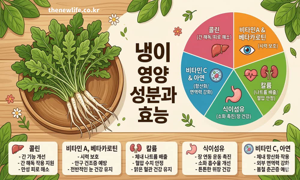 냉이 효능의 영양 성분을 알기 쉽게 정리한 이미지