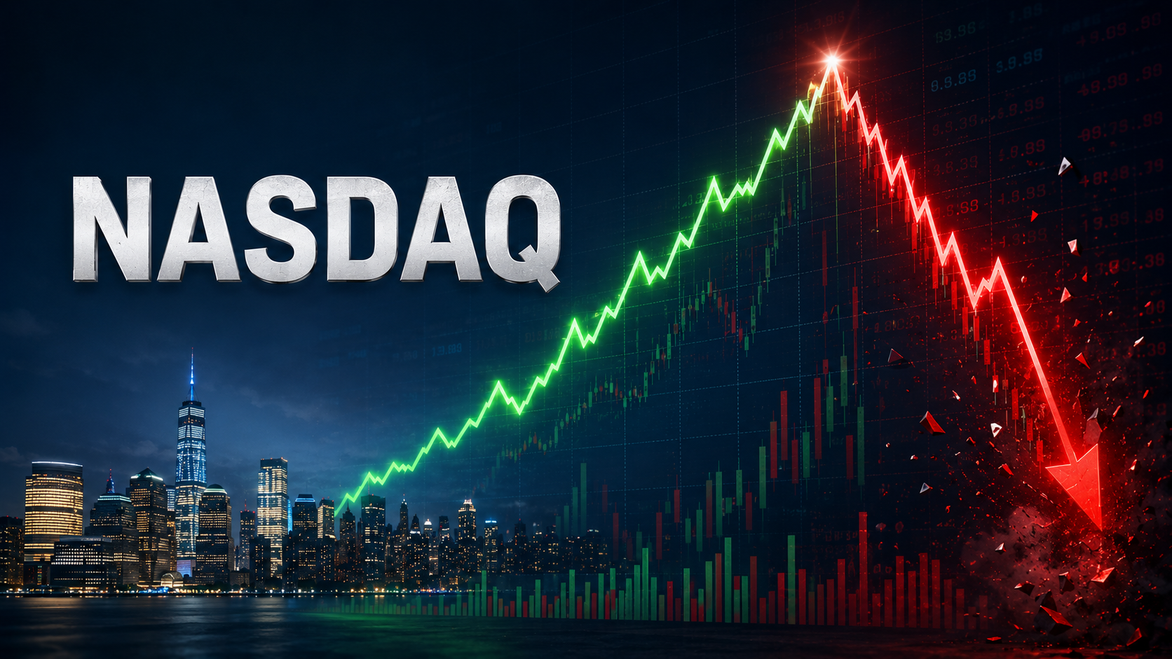 Nasdaq reaching a record high before falling sharply, with a dramatic stock chart illustrating market volatility and a sudden reversal.