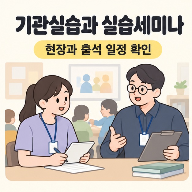 기관실습과 실습세미나 문구 아래 복지기관 실습생이 지도자의 설명을 들으며 기록하는 모습