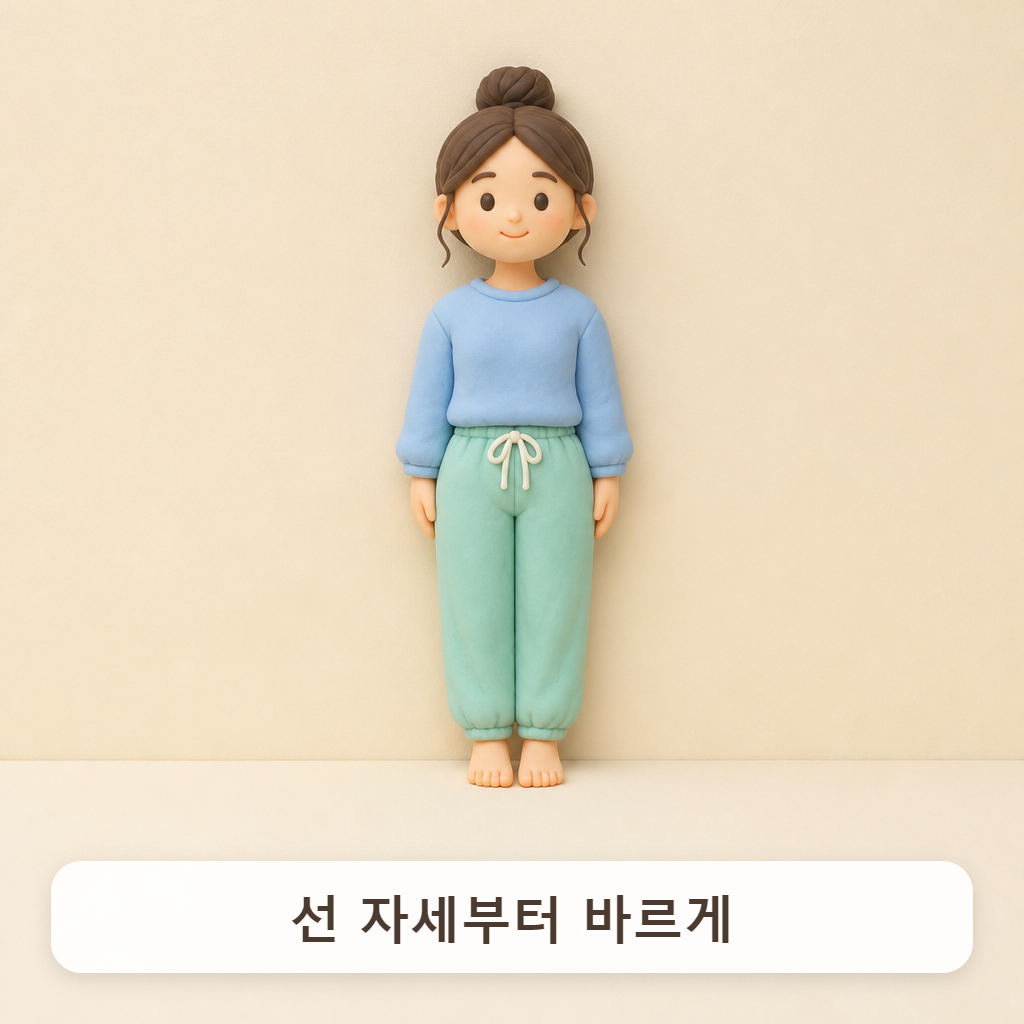 벽에 뒤통수와 등, 엉덩이를 붙이고 바르게 선 사람