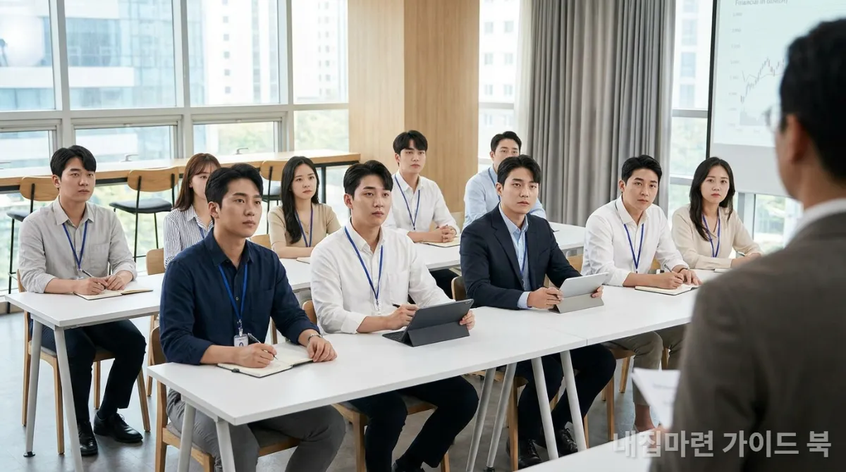 경제 세미나에 참석하여 진지하게 경청하는 젊은 한국인 전문가들