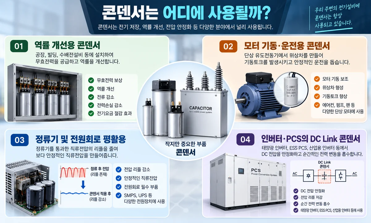 역률 개선 모터 정류회로 인버터 PCS DC Link에 사용되는 콘덴서 활용 사례