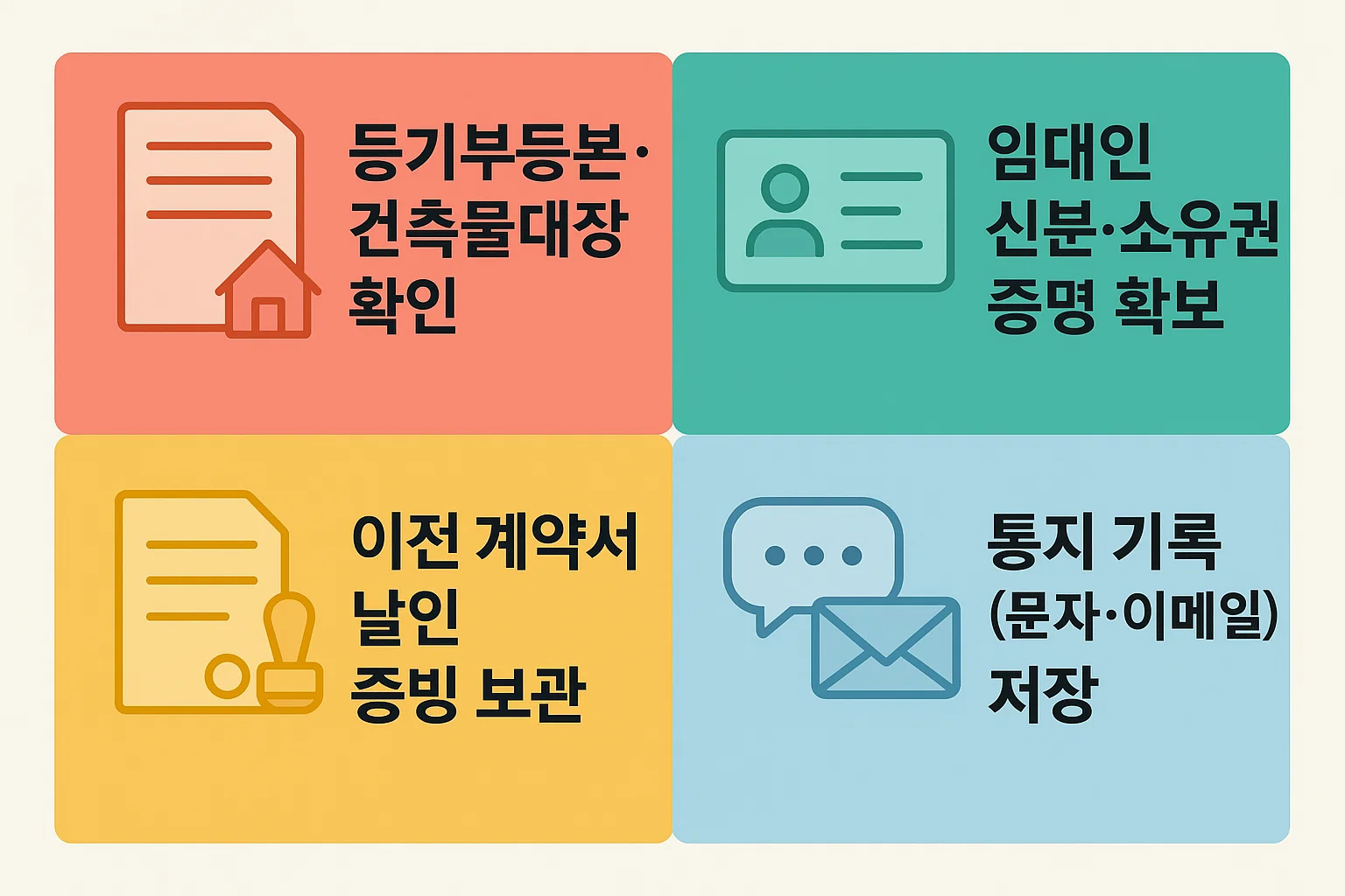 등기부등본, 건축물대장, 임대인 신분증, 이전 계약서, 통지 기록 등 계약 연장 시 필수로 확보해야 할 서류와 증빙 관리 방법을 정리한 인포그래픽.