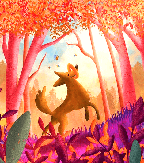 교만한 갈색 여우가 숲속을 걷고 있는 뒷모습이다. 주변엔 분홍색 나무색을 가진 나무들이 많다.