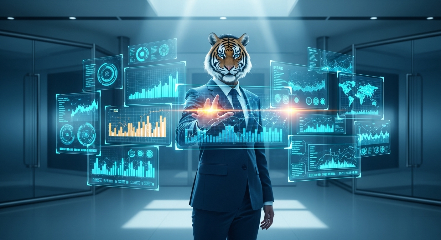 호랑이띠의 인물이 복잡한 업무 환경에서 자신감 있게 리더십을 발휘하며 새로운 기회를 잡는 모습. 직업적 성공과 성장을 상징.