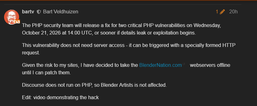 BlenderNation, PHP 보안 취약점 대응 위해 서버 일시 중단