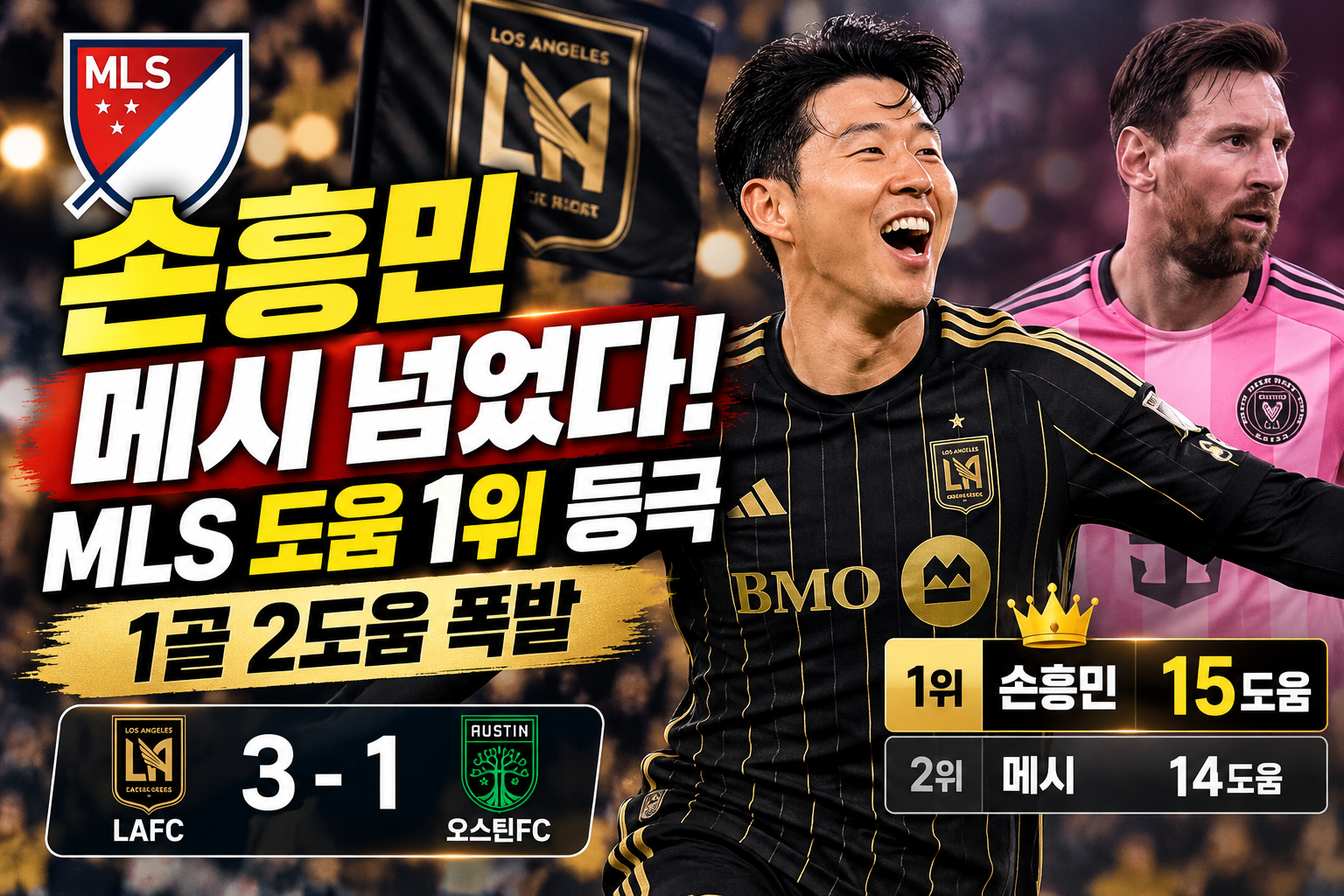손흥민 메시 제치고 MLS 도움 1위 등극, LAFC 오스틴FC전 1골 2도움 활약과 시즌 15도움 기록 AI 이미지