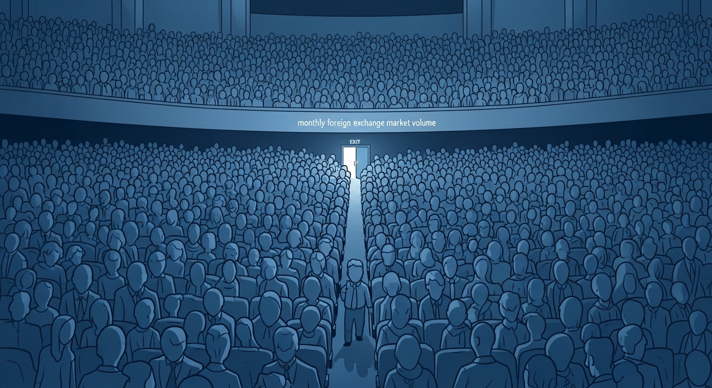 거대한 극장에 가득 찬 관객(해외 자산)과 좁은 출구(외환시장)를 묘사한 그림. IMF 경고의 유동성 병목 현상을 시각적으로 표현.