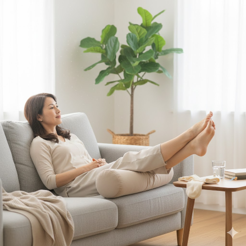 거실 소파나 매트 위에서 다리를 심장보다 높게 올리고 편안하게 휴식을 취하는 모습. 종아리 근육 이완과 정맥 순환을 돕는 자세를 강조하며, 주변에 의료용 압박 스타킹이 놓여 있는 정갈한 실내 풍경.