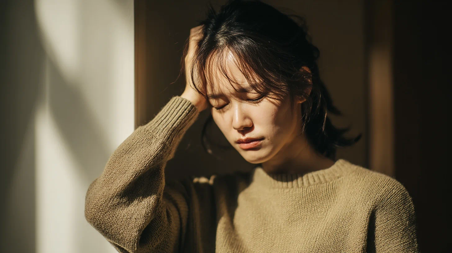 눈을 감고 머리를 잡고 있는 사람