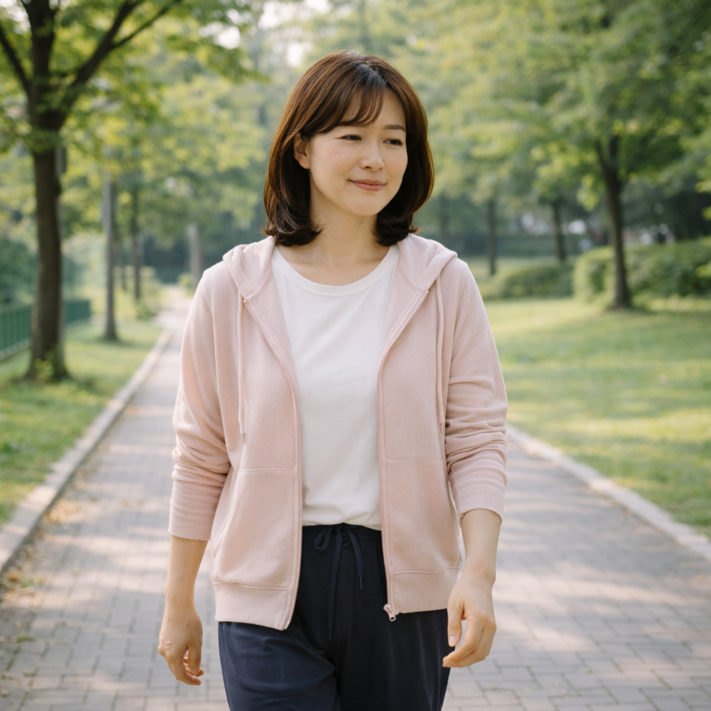 장운동을 돕기 위해 가볍게 산책하는 성인의 모습