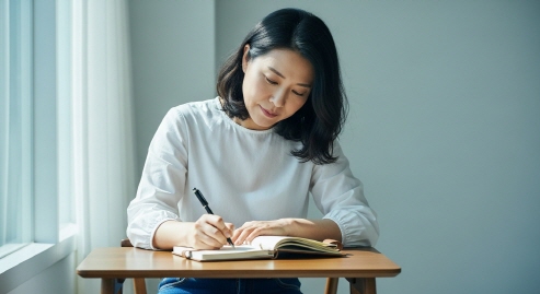 독서 후 노트에 생각을 정리하며 글을 쓰는 중년 여성