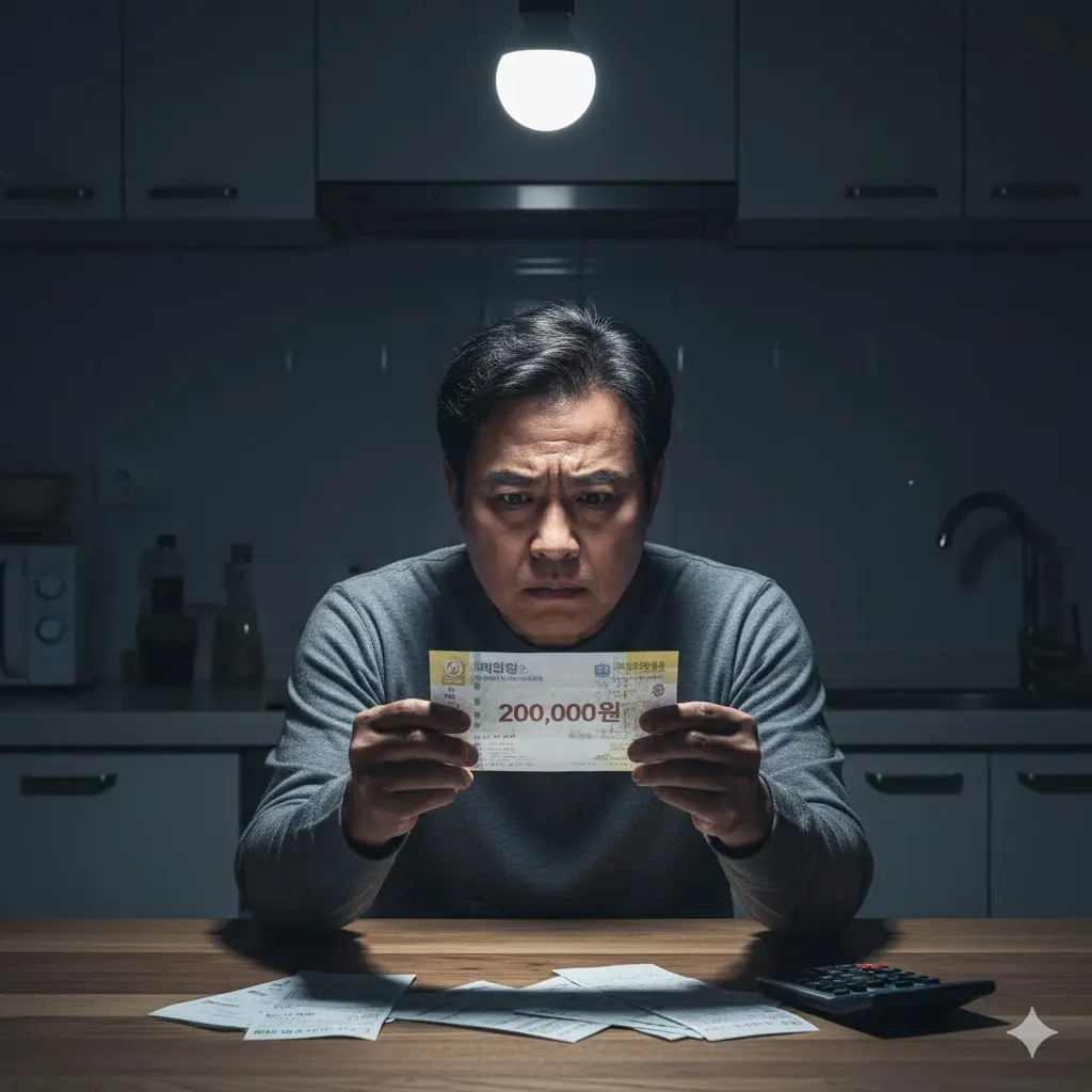 20만 원이 적힌 가스 요금 고지서를 들고 머리를 싸매고 있는 이미지