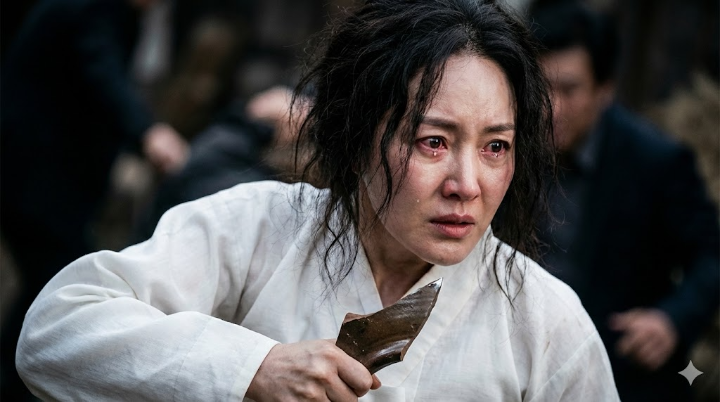 하얀 소복을 입고 산발을 한 채, 깨진 술독 조각을 들고 사채업자들을 노려보는 엄지원의 강렬한 표정