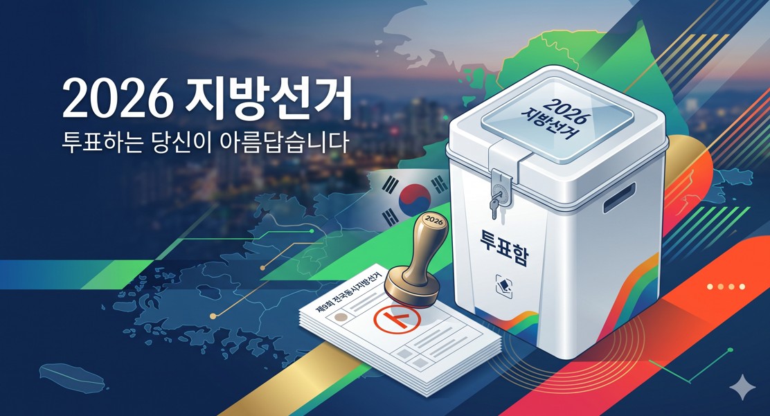 2026년 지방선거를 상징하는 기표 도장과 투표함이 놓인 세련된 그래픽