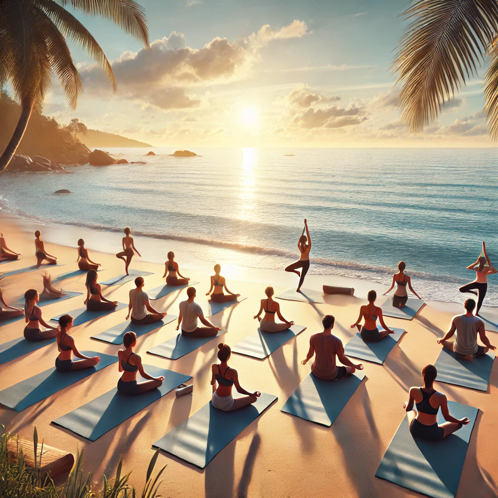 해변 위에서 요가 자세를 취하는 사람들의 평화롭고 아름다운 풍경