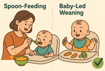 스푼피딩과 BLW 방식을 비교하며 이유식을 준비하는 부모와 아기의 일러스트