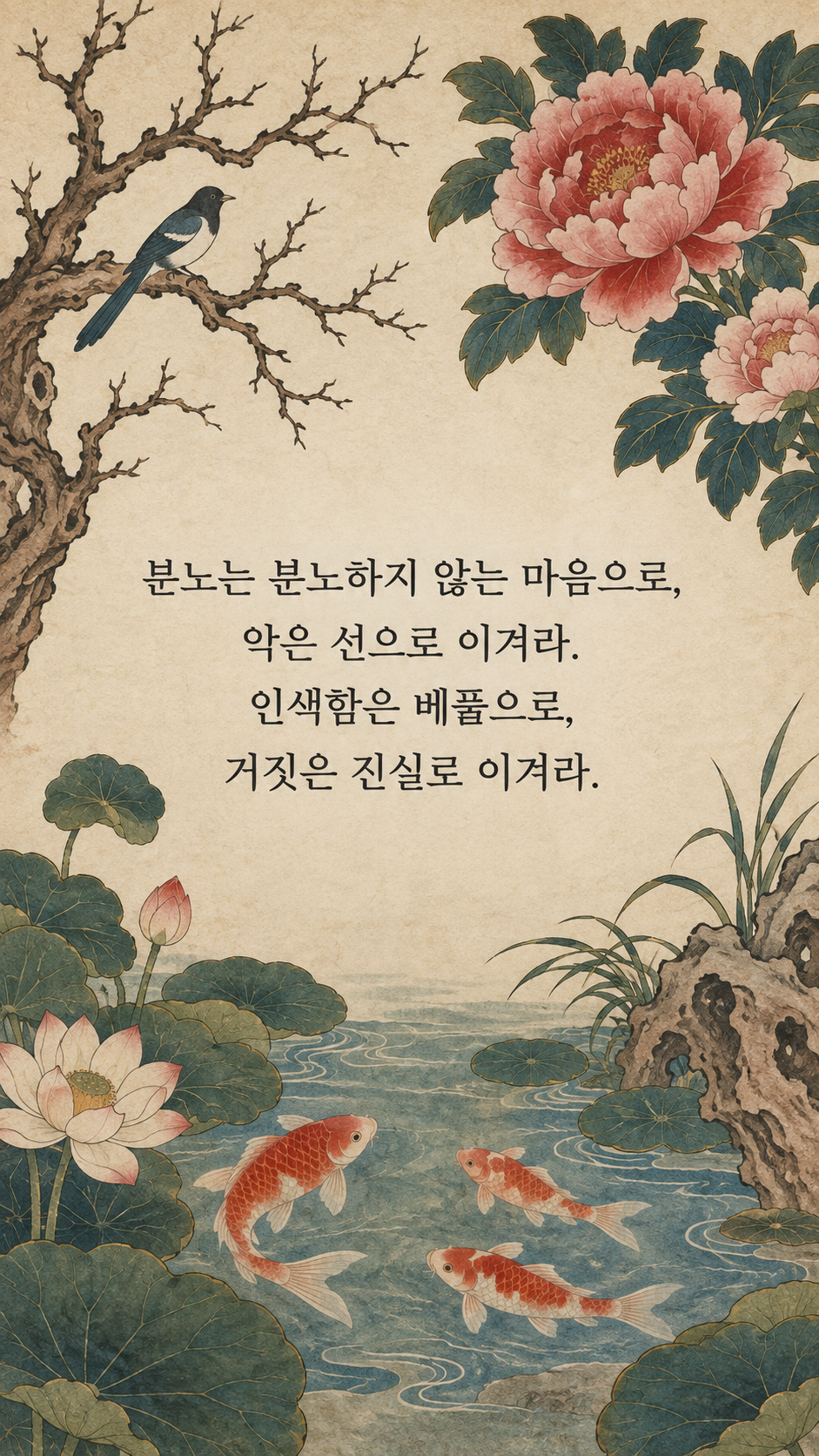 분노에 다른 방식으로 답하기 — 한국 민화 명언 삽화