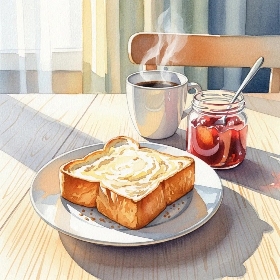 따뜻한 커피와 곁들인 식빵 한 조각