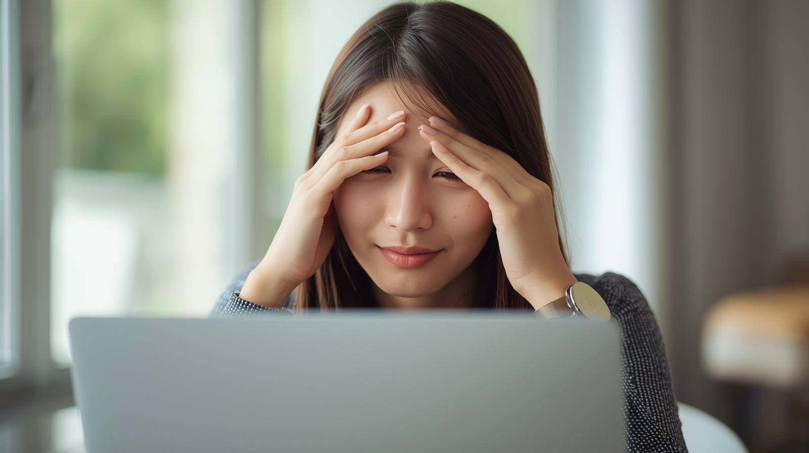 컴퓨터 작업 중 눈을 감싸며 피로를 느끼는 여성의 모습