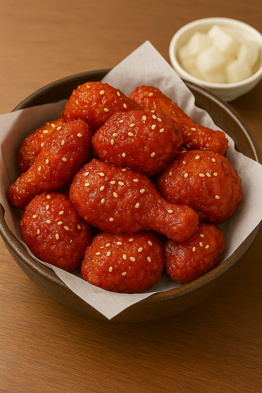 Korean-style yangnyeom chicken (sweet and spicy fried chicken) served in a brown ceramic bowl with white parchment paper, paired with a small dish of pickled radish.