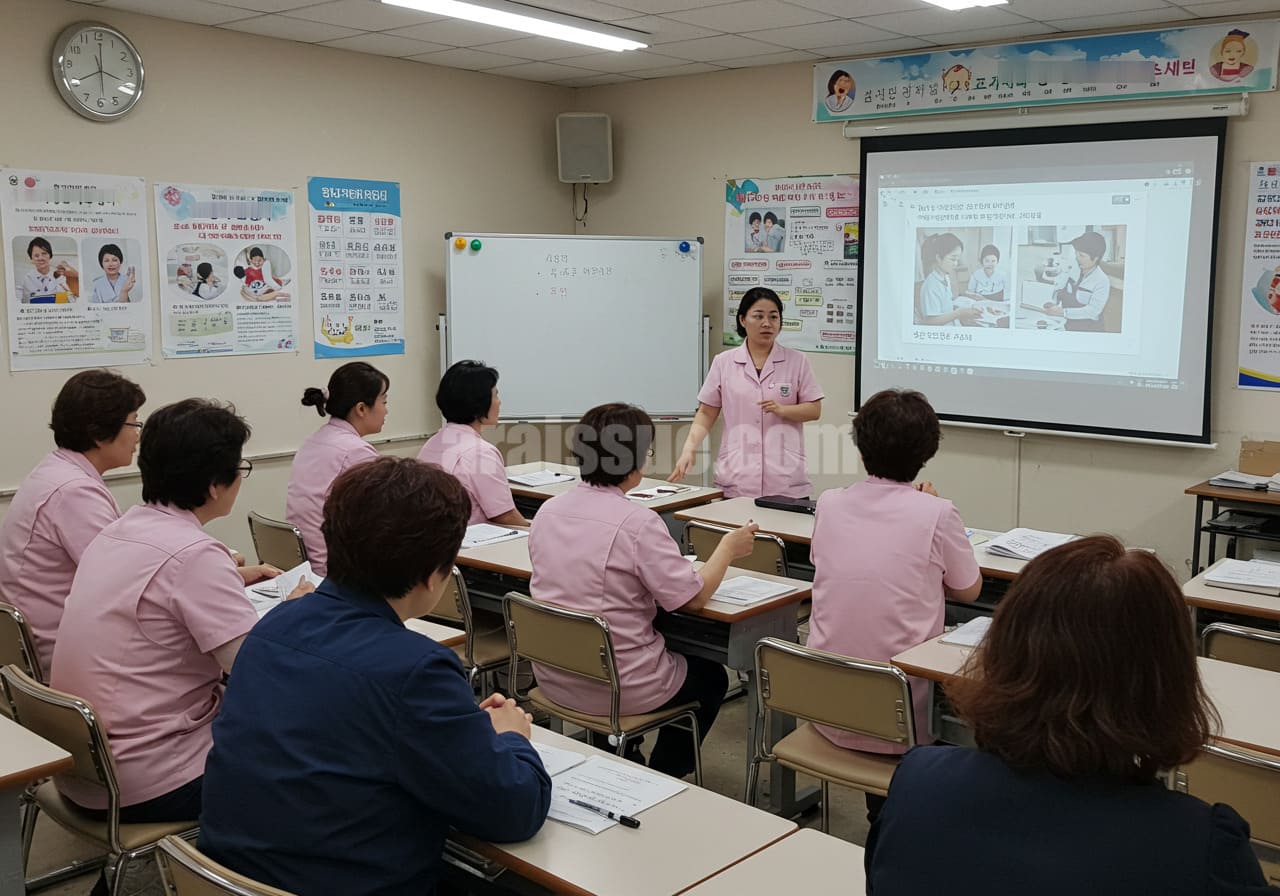 한국의 중장년 교육생들이 돌봄 인력 양성 교육을 받는 장면. 강사가 케어 관련 내용을 설명하고 있으며, 강의실에는 교육 자료와 포스터, 화이트보드 등이 가득한 현장 중심의 학습 환경.
