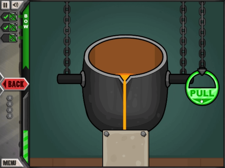 잭스미스-무기만들기-플래시게임-플레이-불에-녹인-재료를-무기-틀에-붓는-화면