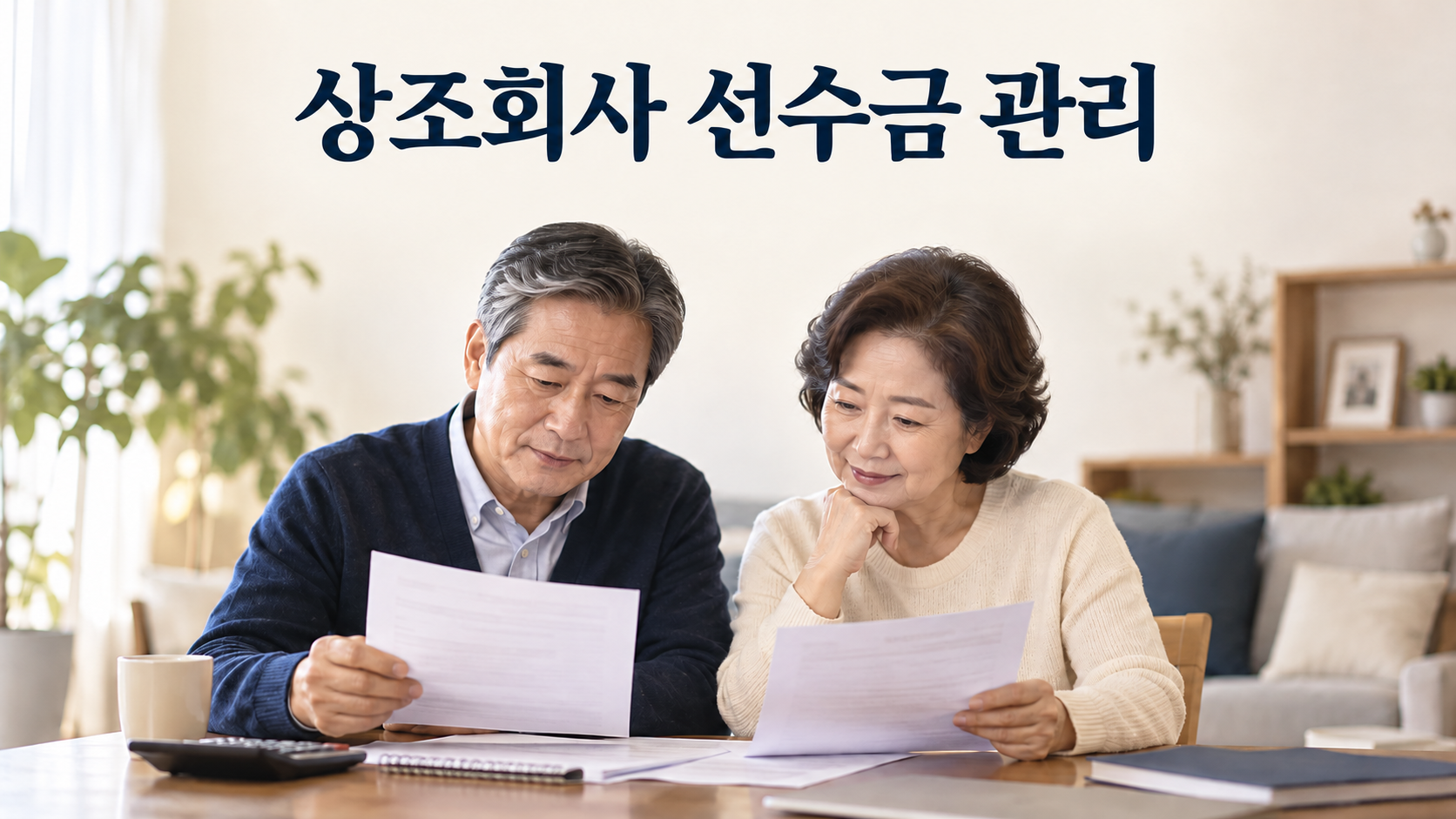 중장년 부부가 집에서 상조 계약서와 납입 기록을 확인하는 설명용 이미지