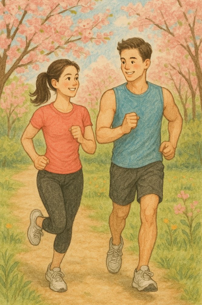 봄철에 건강 운동하고 있는 커플