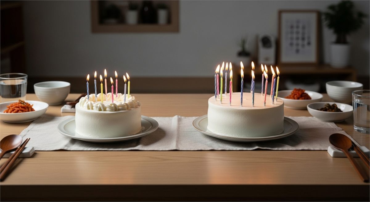 서로 다른 수령 나이를 상징하는 두 개의 생일 케이크 장면 