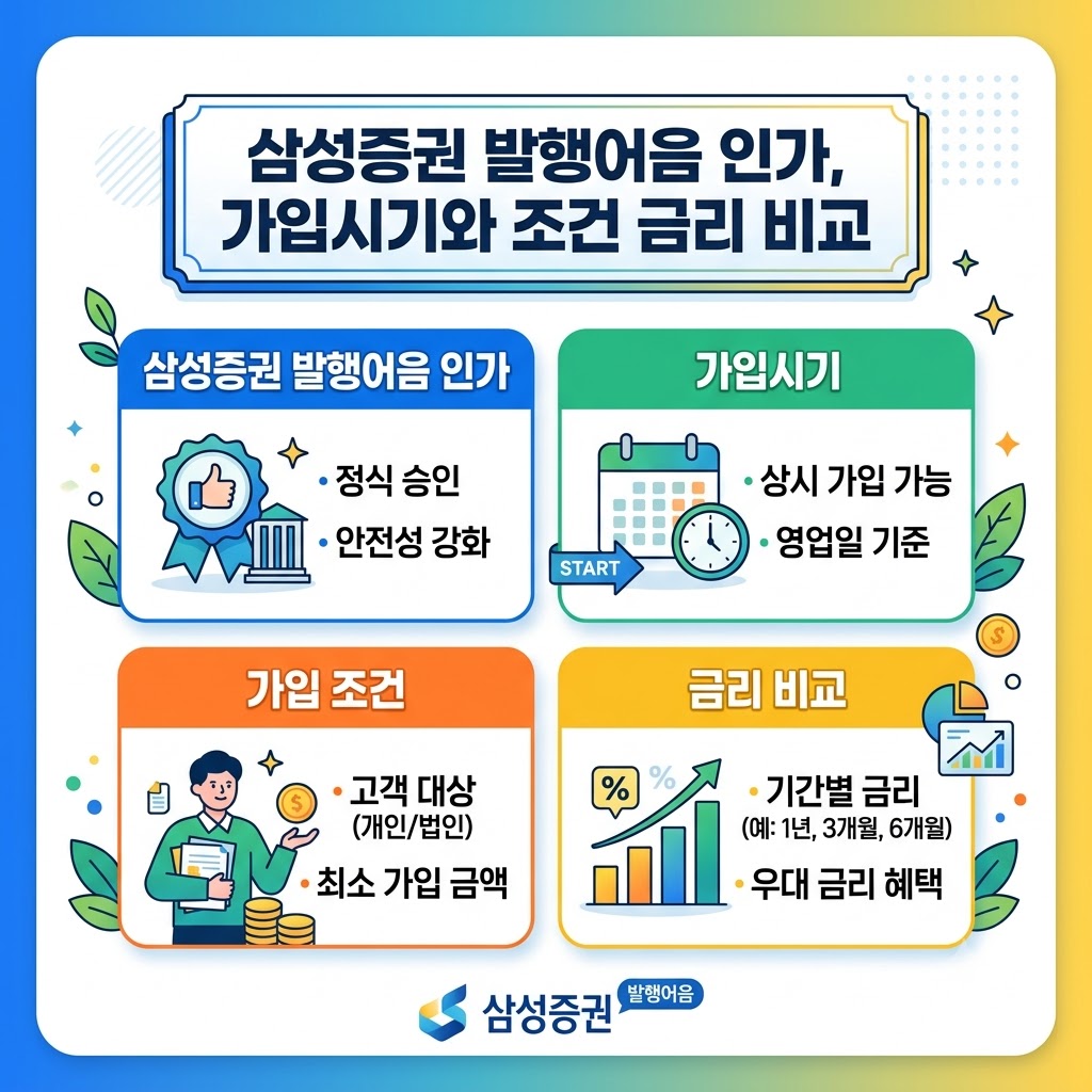 삼성증권 발행어음의 인가, 가입시기, 가입조건, 금리 비교 핵심 내용을 4분할 아이콘으로 정리한 인포그래픽 대표 이미지