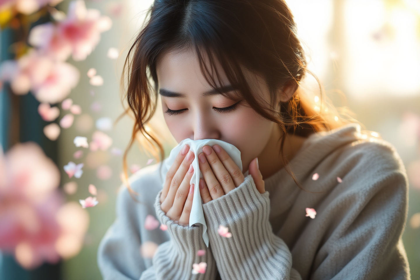 봄철 꽃가루 알레르기와 공기 중 꽃가루때문에 재채기하는 여성 이미지