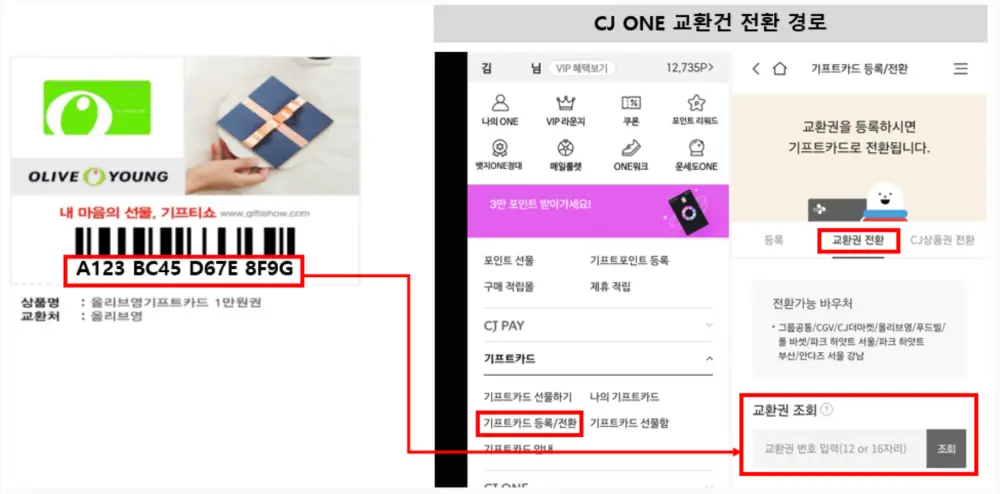 CJ ONE 교환권 전환 경로