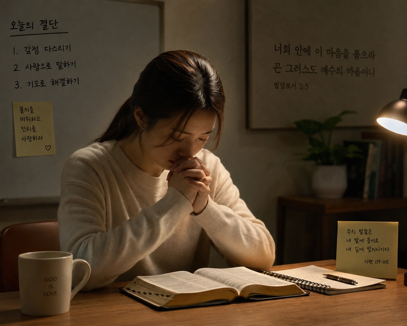 마태복음 7장 말씀을 묵상하며 갈등 상황 속에서 감정을 다스리고 기도하는 그리스도인의 모습