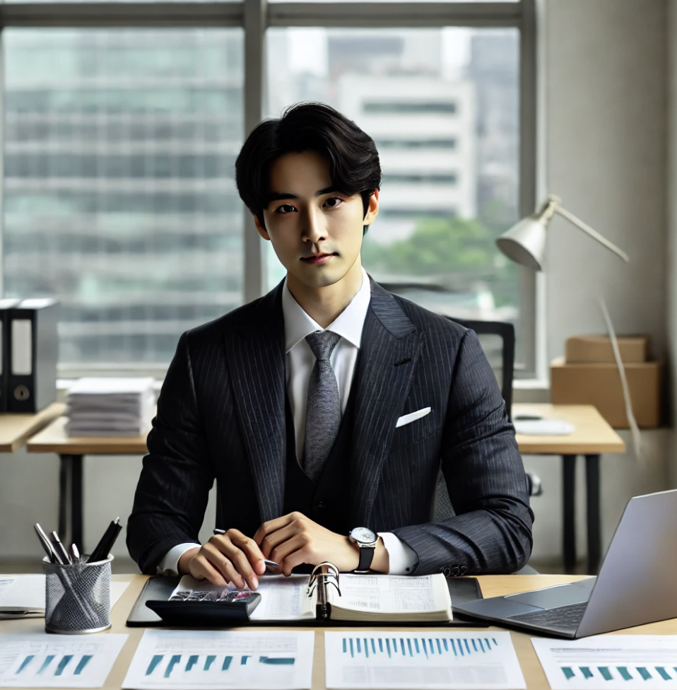 사무실에서 금융 문서를 검토하며 집중하고 있는 전문가의 모습