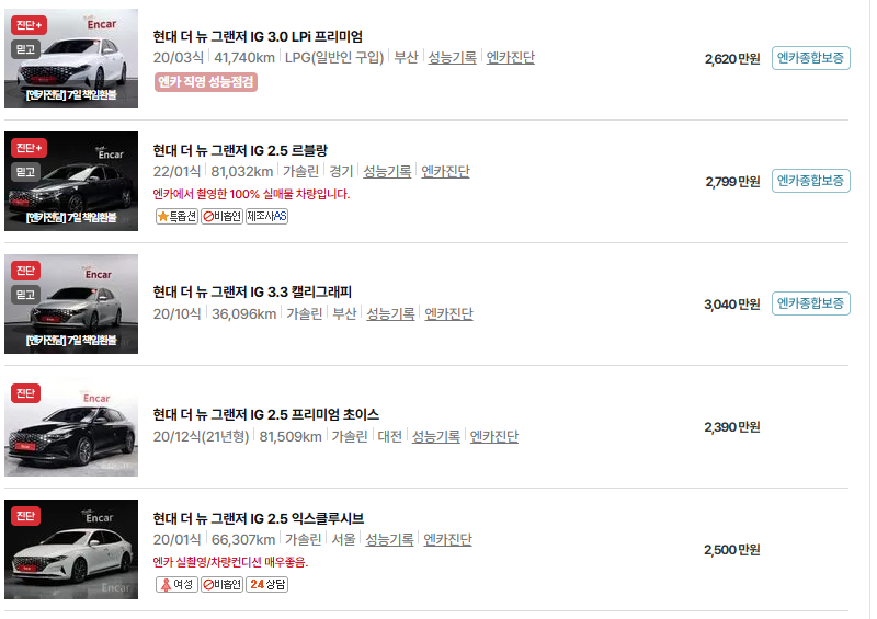 현대 그랜저 중고차 가격 시세표 유지비