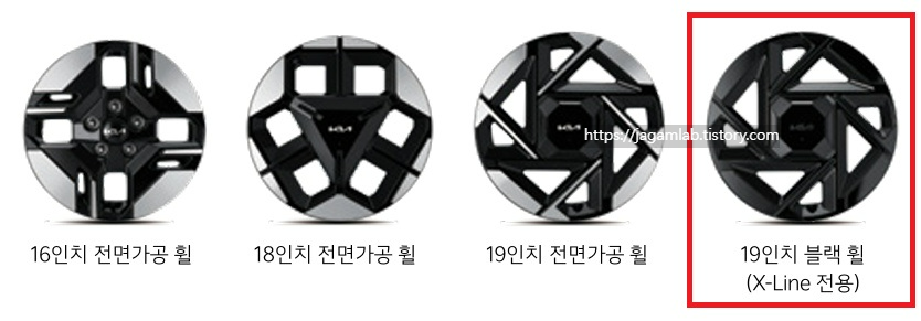 디 올 뉴 셀토스 16인치, 18인치, 19인치 전면가공 휠, X-Line 전용 19인치 블랙 휠 디자인