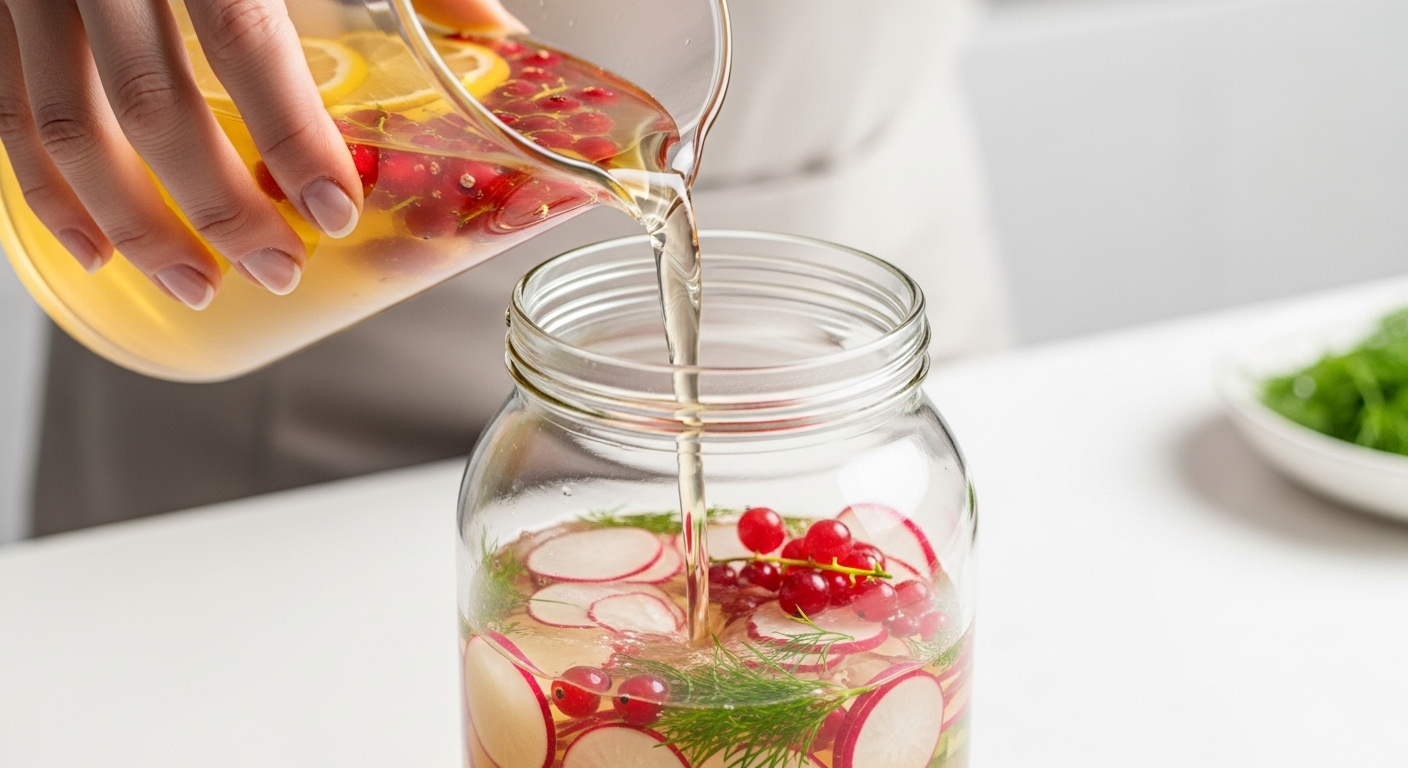 손이 유리병에 가볍게 절인 무와 준비된 채소 위로 맑은 동치미 국물을 붓는 단계별 모습.