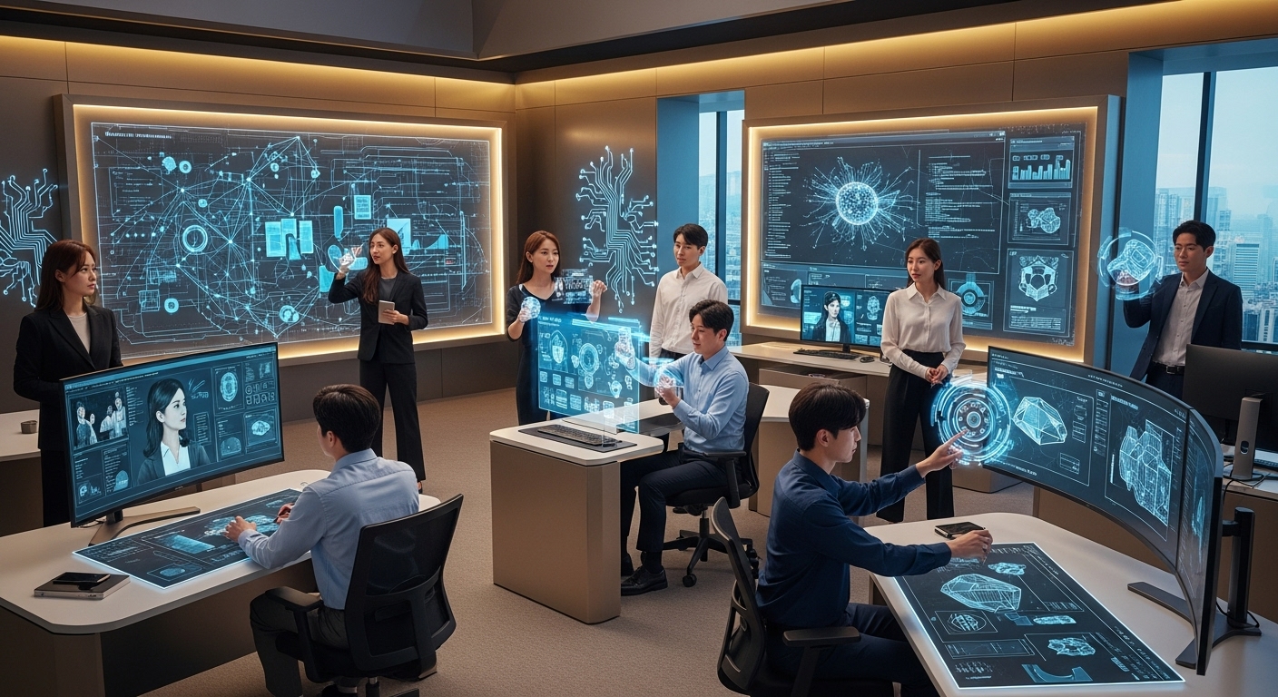새로운 AI 관련 직업을 상징하는 미래형 오피스