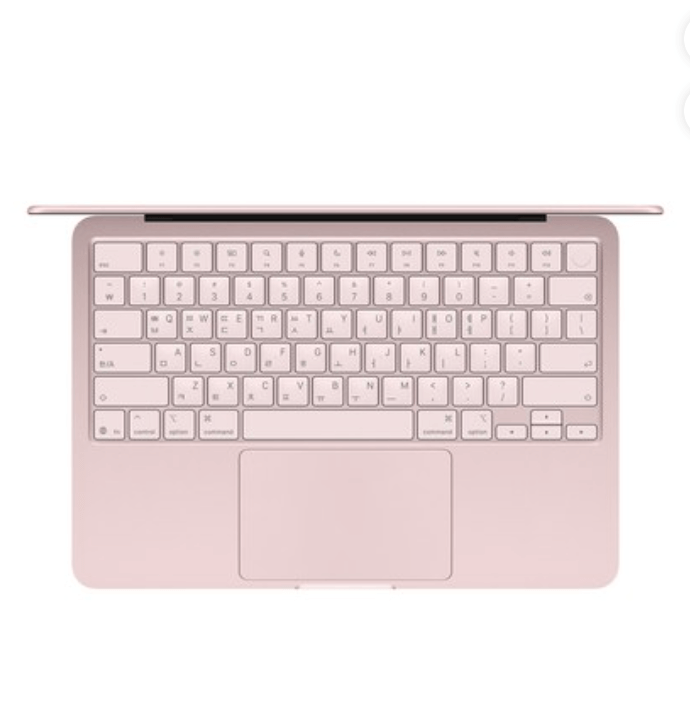 맥북 네오 모델의 가장 인기 있는 블러시 색상의 키보드 모습
