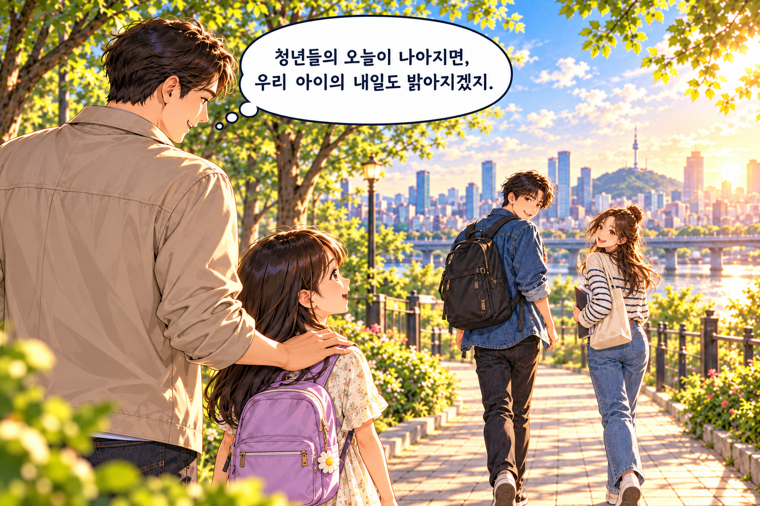 아빠가 딸의 어깨에 손을 얹고 앞서가는 청년들을 바라보며, 청년의 오늘과 아이의 더 나은 미래를 응원하는 웹툰 이미지