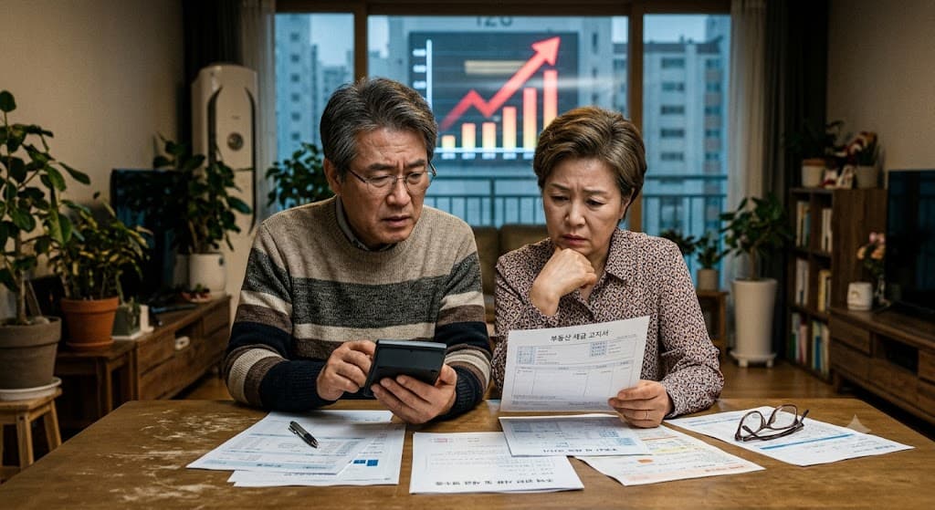 계산기와 아파트 서류를 앞에 두고 걱정스러운 표정의 중년 부부