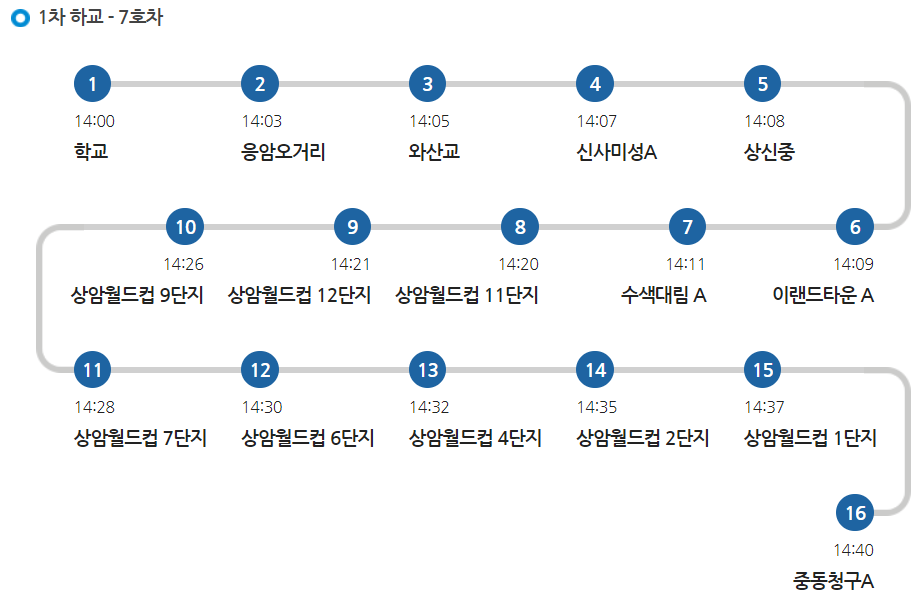 명지초 7호차 셔틀 월/화/목/금 1차 하교 노선 시간표