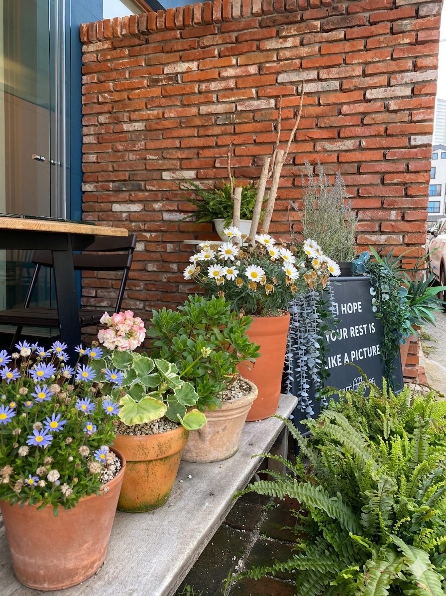 The beautiful outdoor garden and exterior view of Cafe 686 in Mojeon-ri, Jeonggwan.