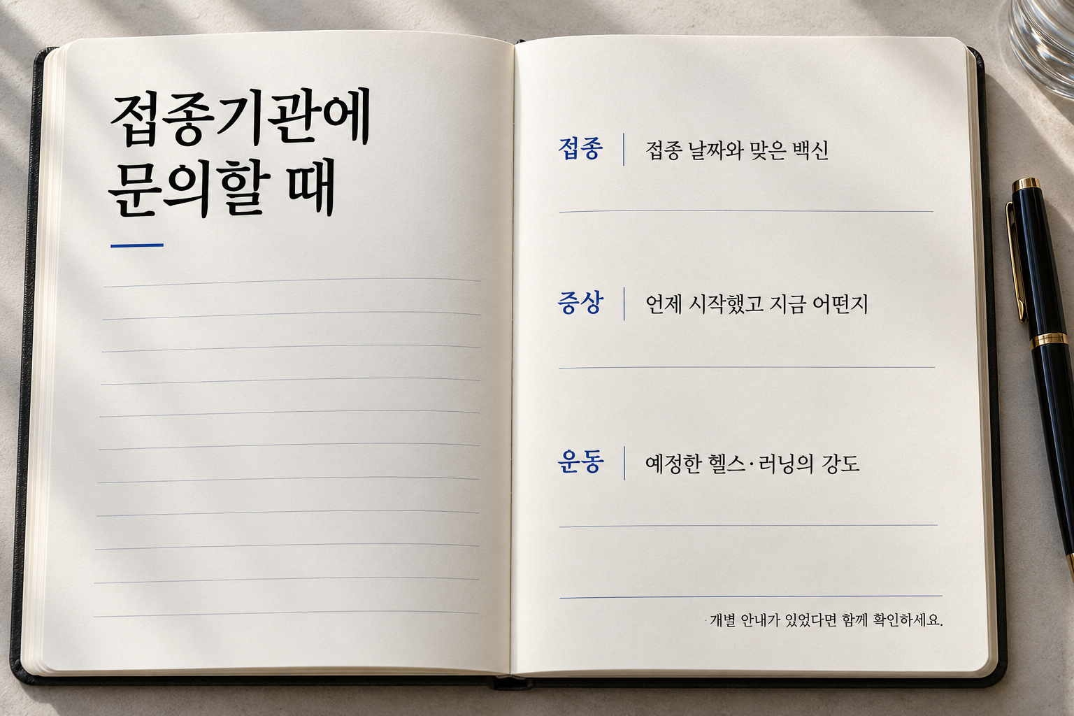 펼친 노트와 펜 사진에 접종 날짜&middot;증상&middot;예정 운동 강도를 기록하도록 구성한 상담 메모