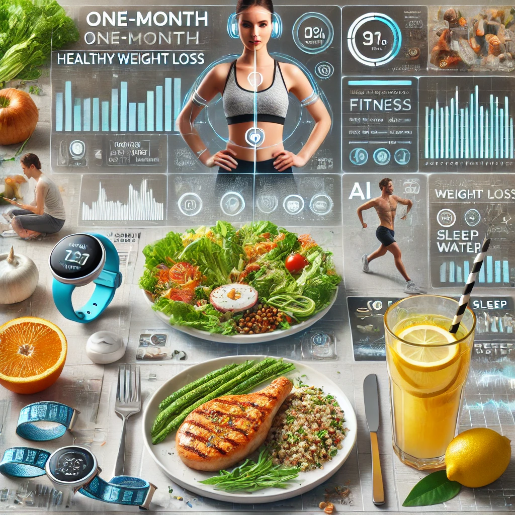 "건강한 다이어트를 위한 한 달 체중 감량 계획: 균형 잡힌 식단(닭가슴살, 퀴노아, 채소), 스마트 피트니스 미러에서 운동하는 사람, 레몬 디톡스 워터, AI 기반 수면 모니터링 기기가 포함된 대표 이미지."