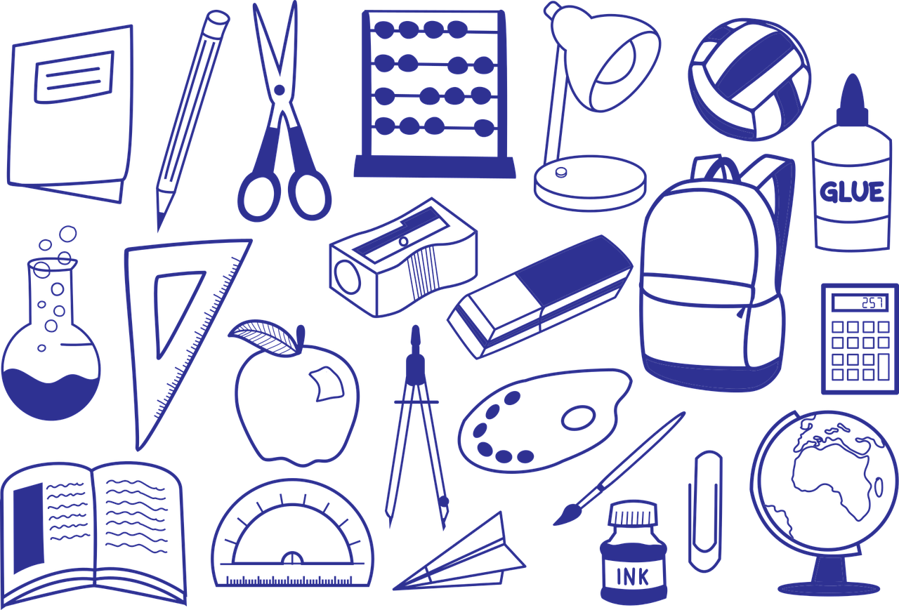 연필 가위 자 가방 풀 계산기 등이 그려져있는 사진